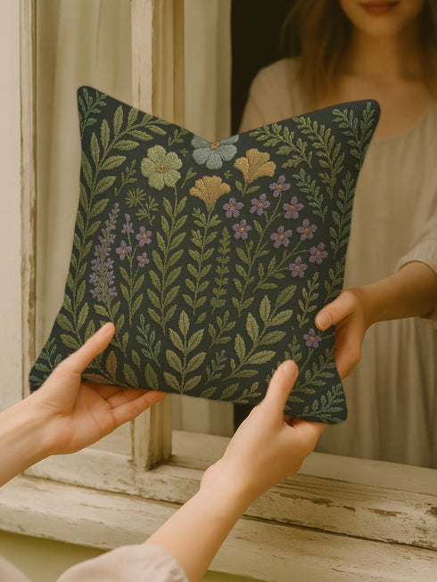 A rectangular 17x18-inch decorative throw pillow featuring a botanical woven tapestry design with embroidered flowers and leaves in green, yellow, and purple tones on a dark green background. The pillow has a double-sided print and is filled with plush poly fill, sewn closed for a soft and cozy finish. Ideal for whimsigoth decor, garden-inspired living spaces, or as a thoughtful embroidered home gift.